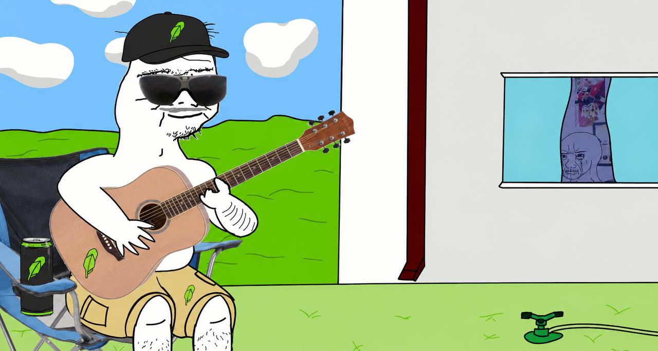 Boomer playing guitar in a lawn chair