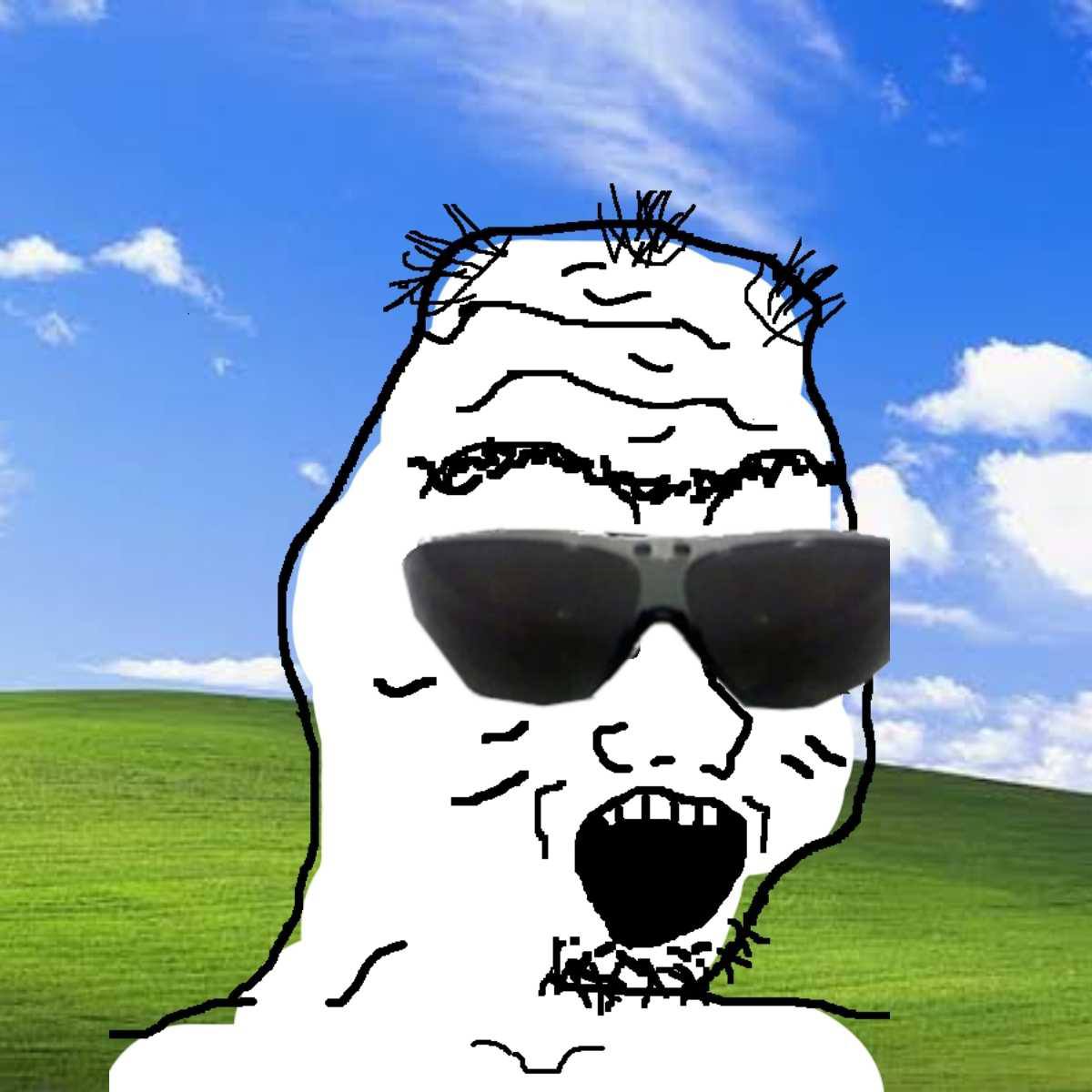 Boomer wojak on a Windows XP hill
