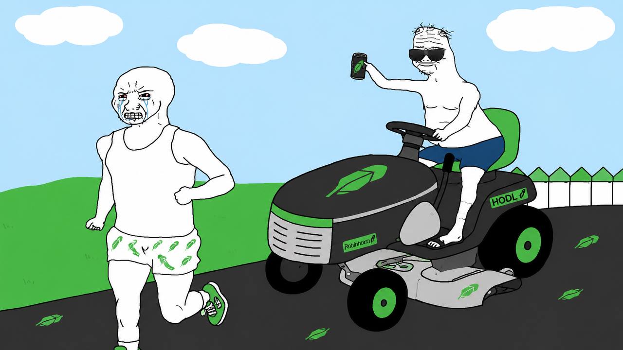 Boomer riding a Robinhood mower past a crying zoomer